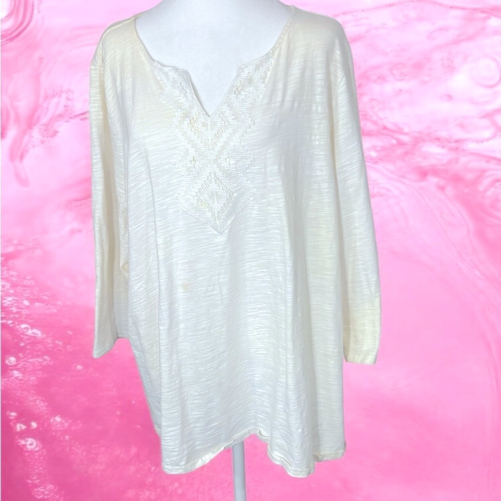 CJ Banks Cream 3/4 Sleeve Lace Vneck Tunic. Size 2X.